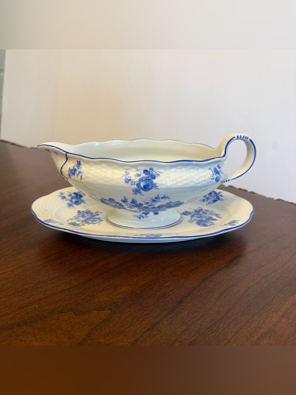 Antique Carl Teichert Meissen Blue Flowers Porcelain Gravy Boat and Underplate